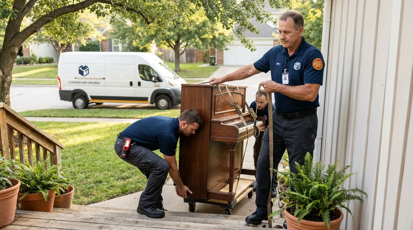 Licensed piano movers securing grand piano in Union, ME