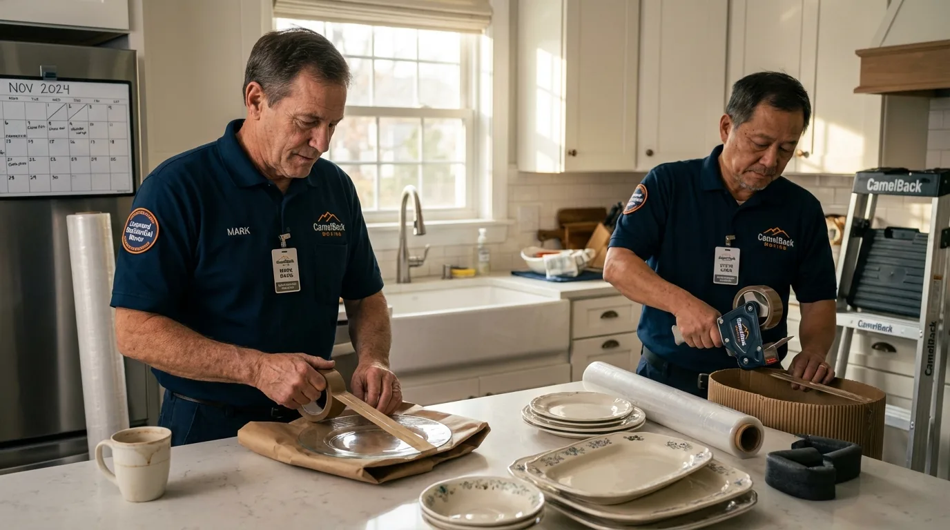 Professional crew packing kitchen dishware in Union, ME